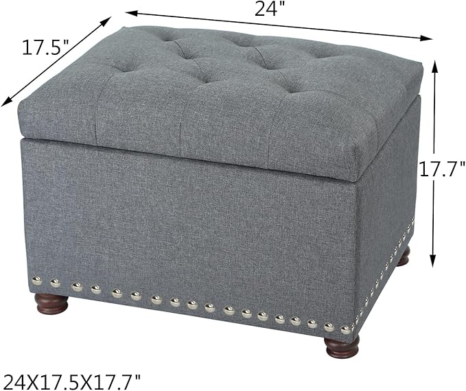 Adeco Classy Linen Blend Fabric Accents Rectangular Storage Bench Ottoman Footstool, Footrest Side Table for Living Room Bedroom, Gray