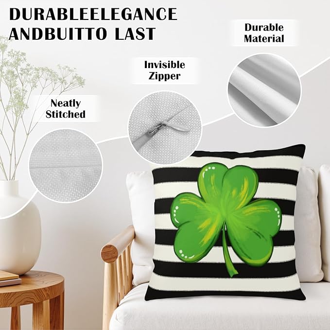 St Patricks Day Throw Pillow Covers 22x22 Set of 2 Black White Striped Green Shamrock Clover Pillow Covers Holiday Spring St Patricks Decorative Pillow Cases for Bed Couch Sofa