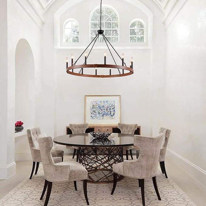 37.4 inch Wagon Wheel Chandelier with Wood Grain Finish, 12-Light Large Round Farmhouse Chandeliers for High Ceilings Dining Room Living Room Foyer Entryway Outdoor Porch