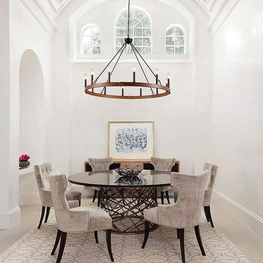 37.4 inch Wagon Wheel Chandelier with Wood Grain Finish, 12-Light Large Round Farmhouse Chandeliers for High Ceilings Dining Room Living Room Foyer Entryway Outdoor Porch