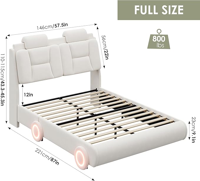 Keyluv Full Led Car Bed Frame with Wheels Decor & Adjustable Curved Headboard Modern Upholstered Platform Bed with Detachable Pillows Solid Wooden Slats Support No Box Spring Needed, Velvet Beige
