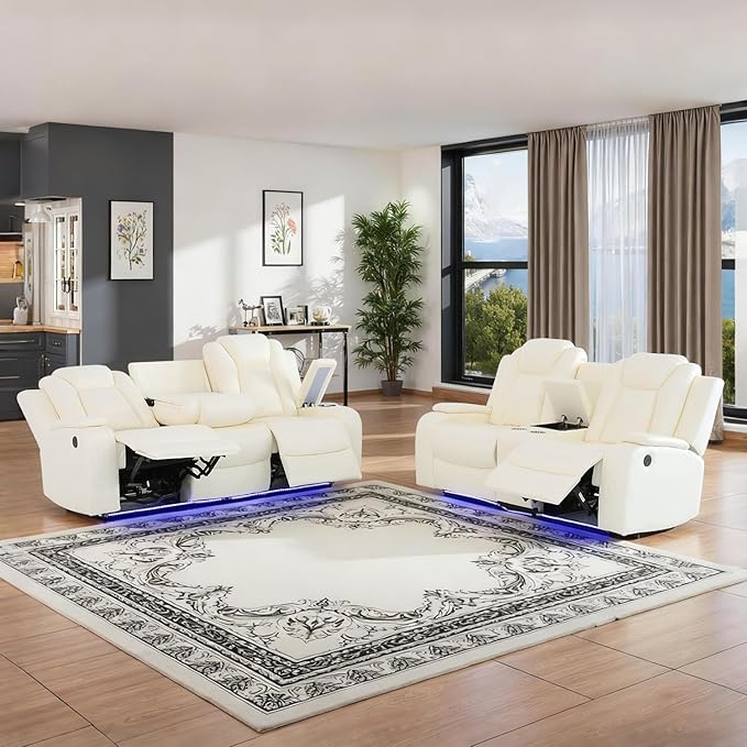 Power Leather Recliner Sofa Set with LED Light,Reclining Sofa and Loveseat Set with USB Port/Cup Holder/Storage,Luxury Leather Couch for Living Room/Home Theater(3+2 Seats,Creamy)