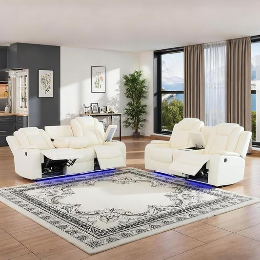 Power Leather Recliner Sofa Set with LED Light,Reclining Sofa and Loveseat Set with USB Port/Cup Holder/Storage,Luxury Leather Couch for Living Room/Home Theater(3+2 Seats,Creamy)
