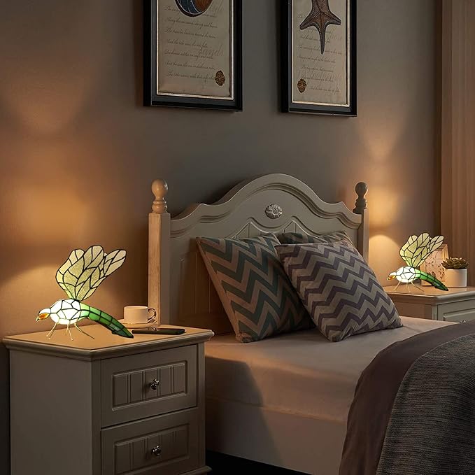 Tiffany Table Lamp Green Dragonfly Stained Glass Bedside Nightstand Night Light,3 Color-Temperature,Handcrafted Light for Living Room,Bedroom+LED Bulb,Home Decor Gifts