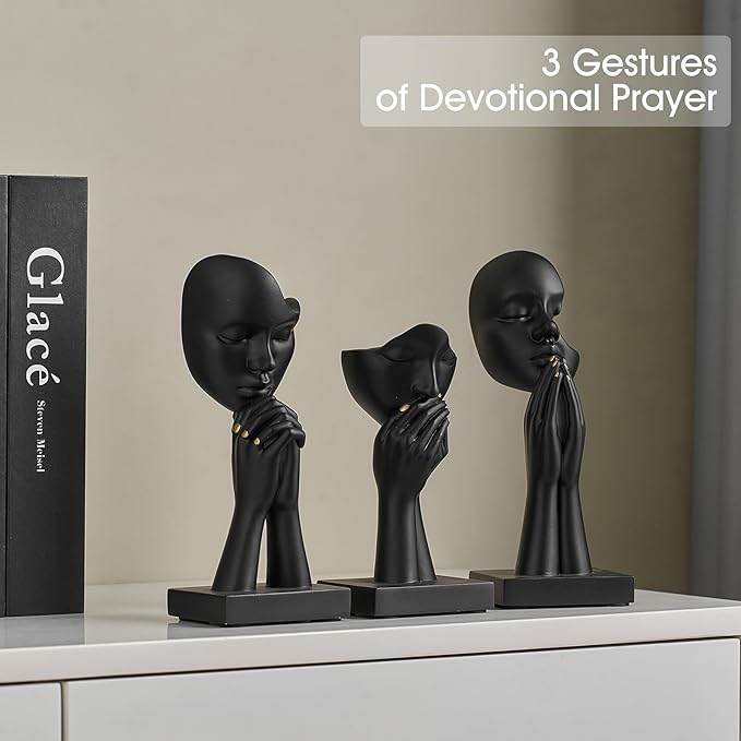 3 Pcs Black Decor Prayer Statues, Modern Prayer of Peace Figurines Shelf Decor Accents, Abstract Art Sculpture Home Decorations for Living Room Bedroom Office Bookshelf Coffee Table, Gifts for Women