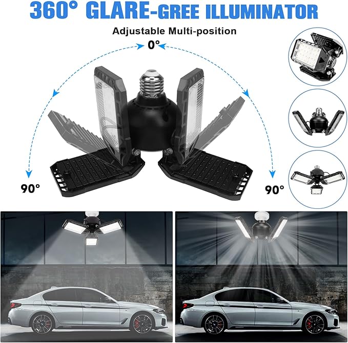 LED Garage Lights 1 Pack -80W, 8000LM 6500K Led Shop Light with 3 Deformable Panels, Basement Barn Light Garages Ceiling Lights, E26/E27 for Garage, Warehouse, Shop, Basement