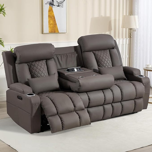Zero Wall Hugger Power Reclining Sofa with Adjustable Headrest, Electric Reclining Couch with Drop-Down Table,Outlets, Power Loveseat Recliner Sofa for Living Room (PU Brown, 3 Seat) | Cat-Proof Leather