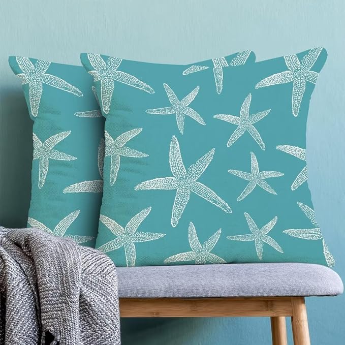 BETGINY Nautical Coastal Throw Pillow Cover 18X18 Inch Pack of 2,Summer Aqua Teal Turquoise Starfish Decorative Pillow Covers Square Linen Beach Ocean Pillow Cases Cushion for Couch Sofa Home Decor