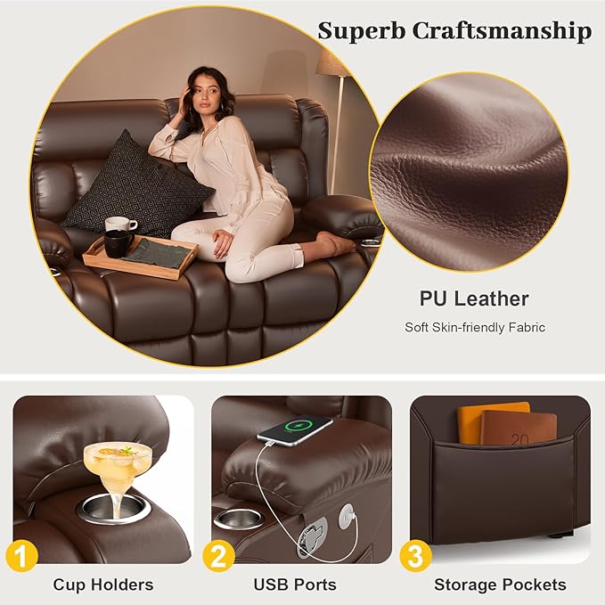 Loveseat Recliner Sofa, PU Leather Reclining Loveseat with USB Charge Ports, Cup Holders, 2 Seater Manual Pull Tab Recliner Loveseat Couches for Living Room, Brown