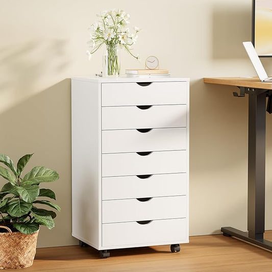 Sweetcrispy 7 Drawer Chest Mobile Storage Cabinets Wooden Dresser with Wheels Room Organization Furniture for Office, Pure White