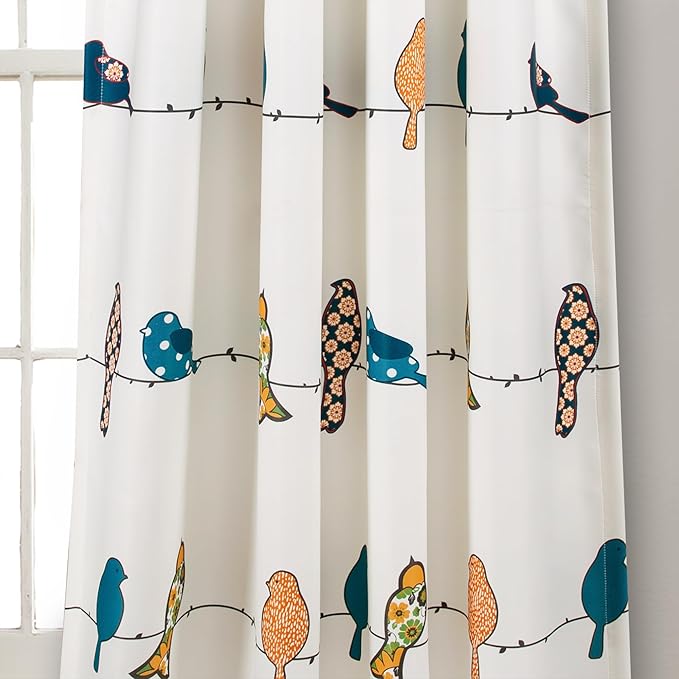 Lush Decor Rowley Birds Light Filtering Window Curtain Panels, Pair, 52" W x 84" L, Multi - Colorful Floral Print - Whimsical & Playful Bird Curtains For Bedroom, Living Room, Or Dining Room