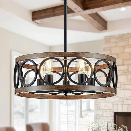 XINGQI Modern Farmhouse Chandelier 5 Lights Black Wood Grain Dining Room Pendant Lighting Fixture 21.7" Drum Chandelier for Living Room Entryway Bedroom