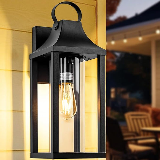 17 Inch Porch Light Large Black Outdoor Light Fixture with Cylindrical Clear Glass, IP65 Waterproof Exterior Lighting Fixture Outside Lantern for House Outdoor Wall Sconce, Matte Black