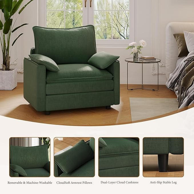 Vesgantti 40" Single Seat Sofa, Comfy Cloud Couch Deep Seat Upholstered Couch Chenille Modern Sofa with Armrest Pillows, Easy Assembly for Living Room, Bedroom and Apartment, Green | Sink-in Comfort, Height Adjustable, Easy Rearrangement, Extra-deep Ot...
