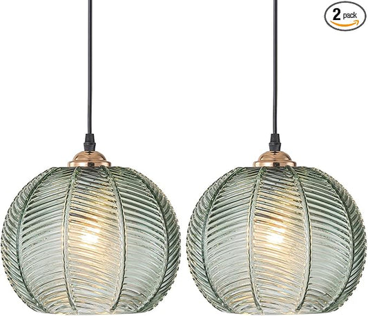 Vintage Pendant lamp 2 Pack Glass Pendant Lighting Kitchen Island Hand Blown 1-Light Modern Pendant Light with Green Glass Shade for Dining Room Bedroom Living Room