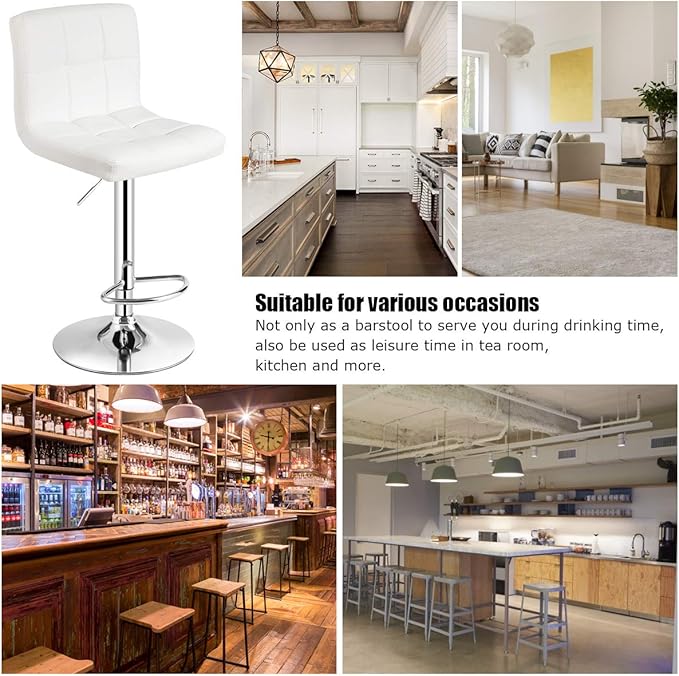 COSTWAY Adjustable Bar Stools Set of 4, Modern Swivel PU Leather Bar Chair with Backrest, Soft Cushioned Seat, Footrest, Sturdy Metal Frame, Comfortable Barstools for Kitchen Island, Pub, White