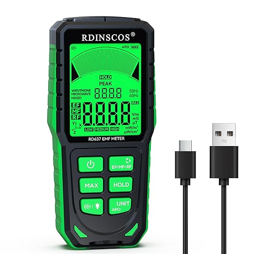 EMF Detector Meter, RDINSCOS EMF Meter for AC Magnetic & Electric Fields and Microwave Radiation, EMF Reader with Tri-Color Alarm, Backlit LCD, Cell Phone Detector