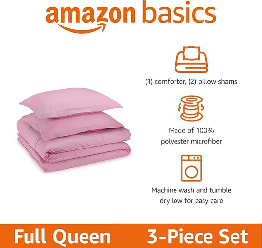 Amazon Basics 3-Piece Soft Microfiber Kid's Comforter and Pillow Sham Set, Full/Queen, Light Pink, Solid
