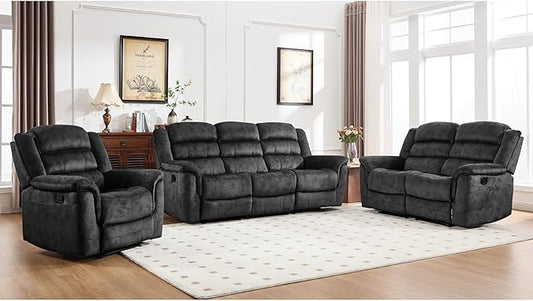 EBELLO 3 Pieces Reclining Living Room Set, Overstuffed Soft Fabric Manual Recliner, Loveseat Recliner and Bonded 3 Seat Reclining Couch Set for Living Room, Grey