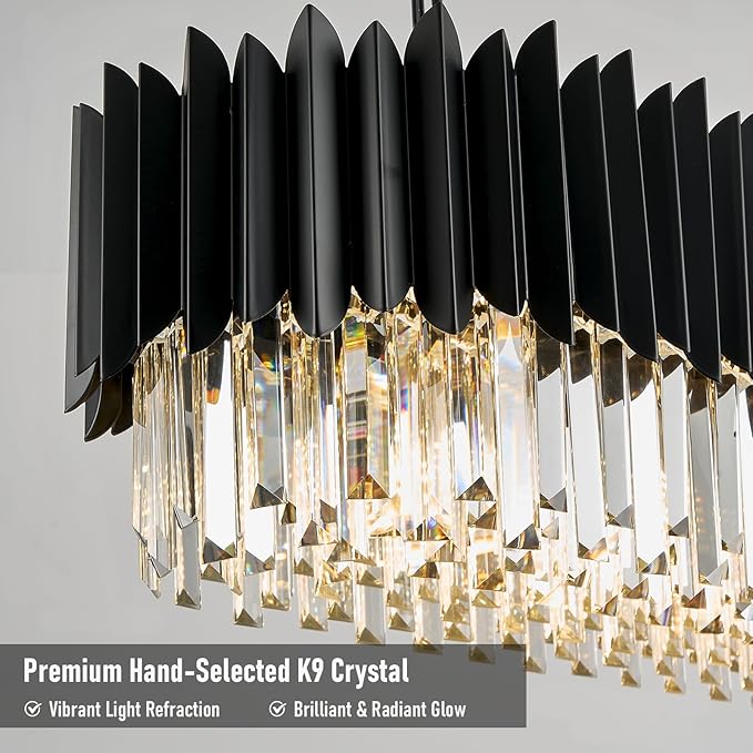 L33 Black Crystal Chandelier Large 8 Light Fixture 3-Tier K9 Modern Chandeliers for Dining Room Kitchen Island