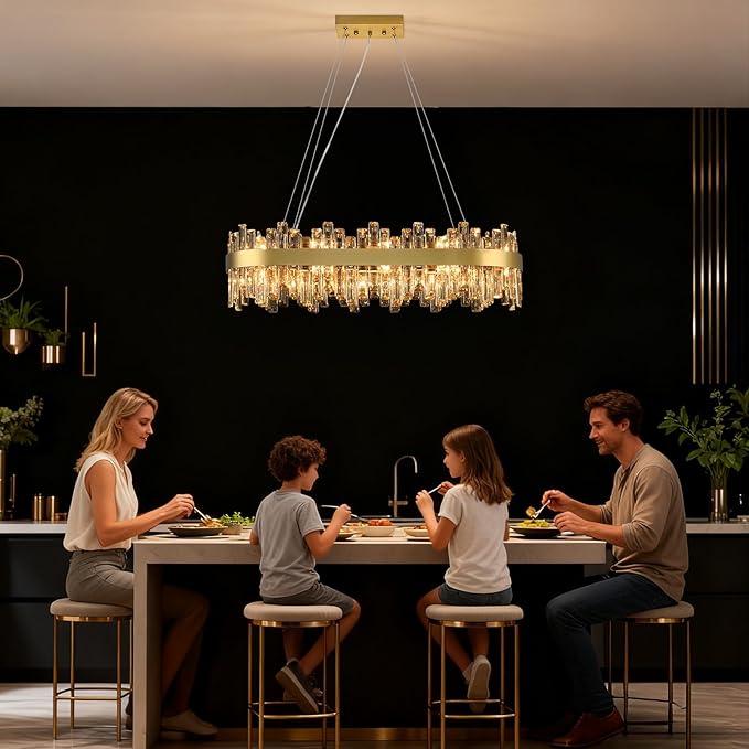 Gold Crystal Chandeliers for Dining Room, 20 Lights Modern Oval Chandelier for Lining Room, Rectangular Crystal Pendant Light Fixture for Kitchen Island Bar L36 Inch