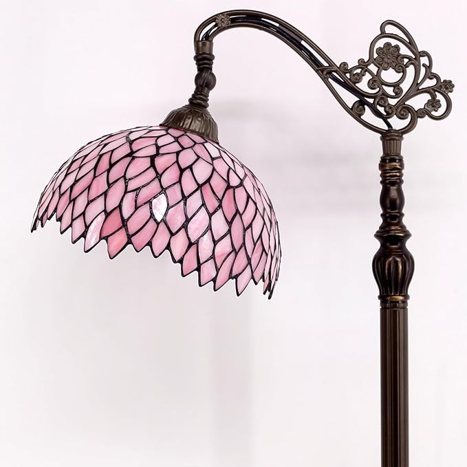 WERFACTORY Tiffany Floor Lamp Pink Stained Glass Wisteria Light 12X18X64 Inches Pole Torchiere Standing Corner Torch Uplight Decor Bedroom Living Room Home Office S523P Series
