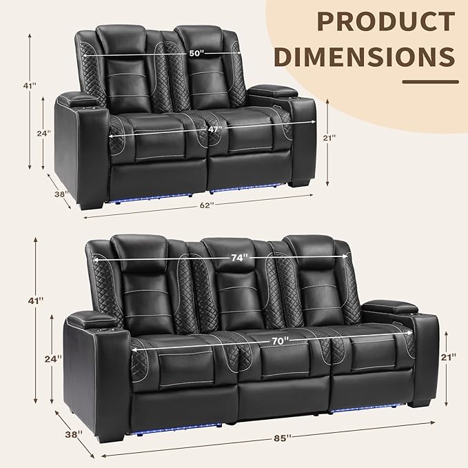 ANJ Recliner Sofa Set: 2 PCS 3-Seat Home Theater Seating and Loveseats with LED Lights, USB Charging, Faux Leather for Living Room (Black)