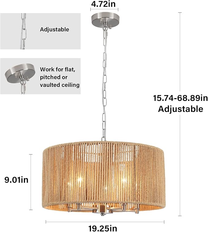 Boho Large Rattan Chandelier, 5-Lights Woven Pendant Lights Fixture, 19" Dining Room Lighting Fixture Farmhouse Nickel Vintage Chandeliers Hanging Light for Living Room Kitchen Entryway Hallway Foyer