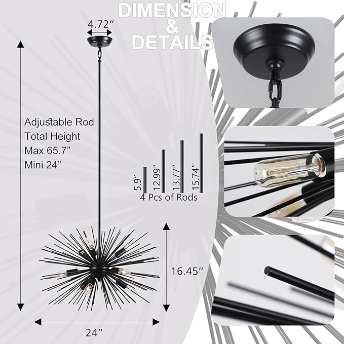 24in Black Sputnik Chandelier Mid Century Modern 9-Lights Starburst Chandelier Solid Metal Firework Urchin Satellite Chandeliers for Dining Room, Kitchen, Bedroom, Living Room, Foyer, E12
