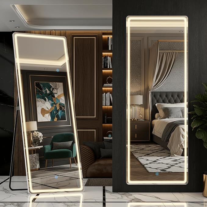 Alpen Full Length Mirror with LED Lights, 65" x 21" Lighted Full Body Mirrors, Aluminum Frame Mirror with 3 Color Lighting, Hanging Mounted Mirrors for Bedroom Dressing Room Cloakroom