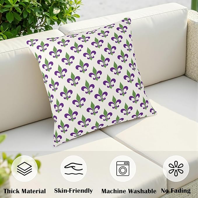 Mardi Gras Throw Pillow Covers 18x18 Set of 2 Purple Green Fleur De Lis Pillow Cases Outdoor Holiday Decorative Pillow Covers Home Sofa Couch Porch Decor