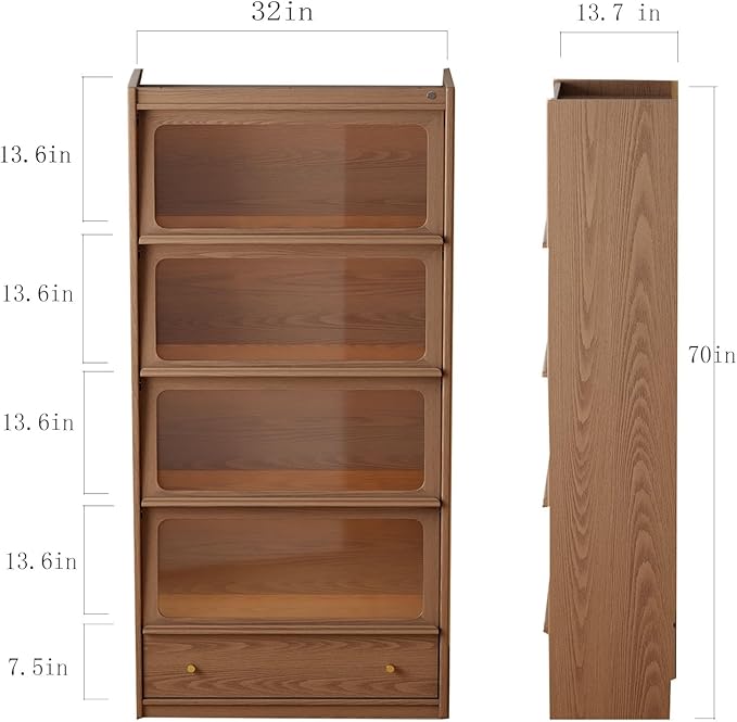 Solid Wood Bookcase With Flip-Up Tempered Glass Doors And 3 Color Led Lights,4 -Tier Wooden Bookshelf And 1 Drawer,Tall Bookshelves Modern Storage Cabinet Kitchen Pantry For Living Room,Office