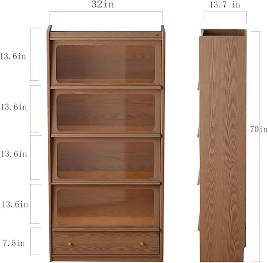 Solid Wood Bookcase With Flip-Up Tempered Glass Doors And 3 Color Led Lights,4 -Tier Wooden Bookshelf And 1 Drawer,Tall Bookshelves Modern Storage Cabinet Kitchen Pantry For Living Room,Office
