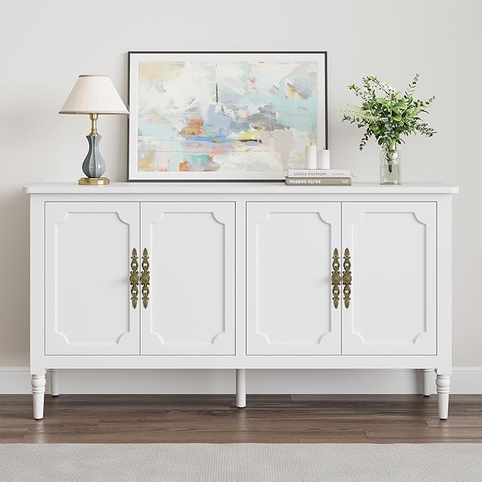 Sideboard with 4 Doors, Mid-Century Console Table with Adjustable Shelves, Accent Cabinet for Entryway, Living Room, Dining Room, White