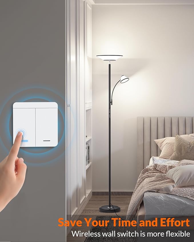 LEPOWER-TEC Bright Floor Lamp, Standing Lamp with Remote & Wall Switch, 60 Lighting Effects, Adjustable Torchiere Corner Light for Living Room, Bedroom, Office. Perfect for Reading & Ambiance
