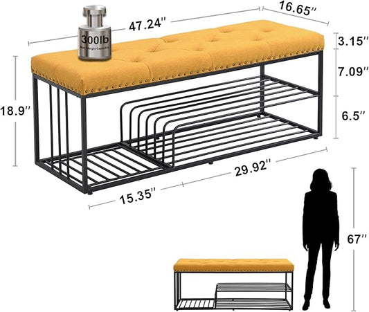 End of Bed Bench-Upholstered Entry Shoe Storage with Nailhead Trim,Black Mental Frame Ottoman Bench for Bedroom Entry Window Mudroom Living Room,Yellow