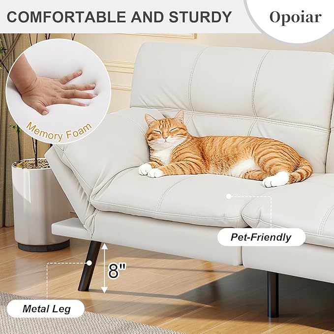 Opoiar Leather White Futon Sofa Bed Convertible Memory Foam Couch Bed Futon Sets Folding Modern Sleeper Sofa Loveseat for Studio,Drom,Apartment,Game Room and Small Space