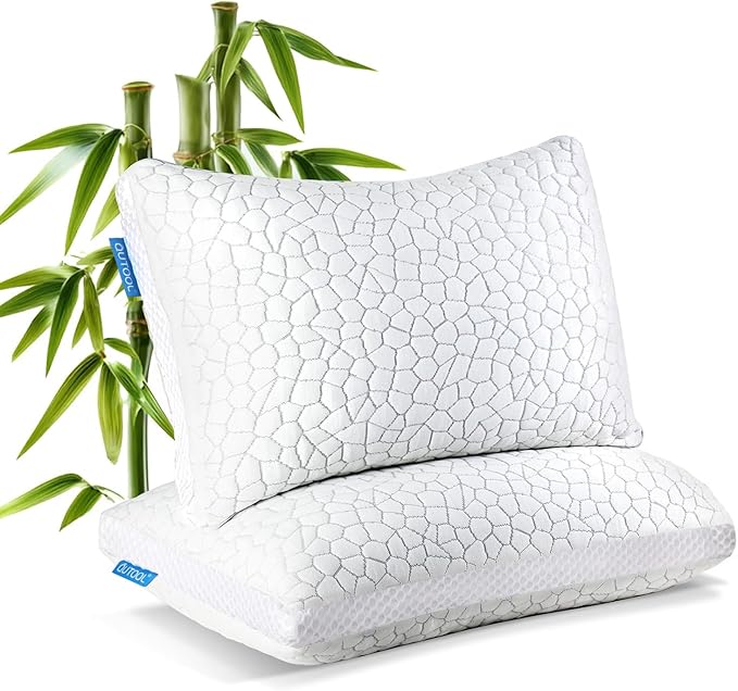 Shredded Memory Foam Pillows 2 Pack, Rayon Derived from Bamboo Pillow Queen Size Set of 2, Cooling Gel Pillows for Sleeping, Adjustable Pillow for Side Stomach and Back Sleepers with Washable Cover