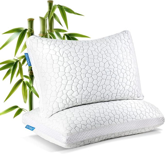 Shredded Memory Foam Pillows 2 Pack, Rayon Derived from Bamboo Pillow Queen Size Set of 2, Cooling Gel Pillows for Sleeping, Adjustable Pillow for Side Stomach and Back Sleepers with Washable Cover