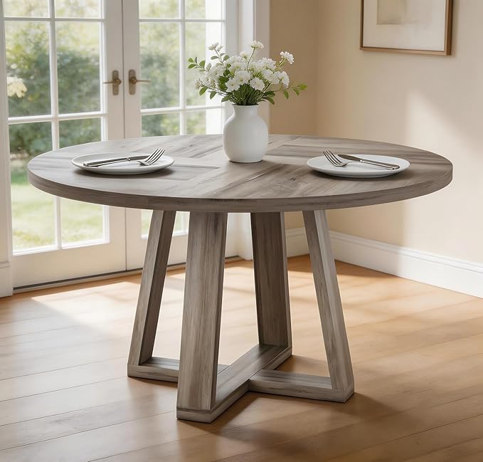 Garvee Round Dining Table for 4-6 People, 47" Modern Kitchen Dinner Table with Wood Cross Pedestal Base for Living Room, Grey