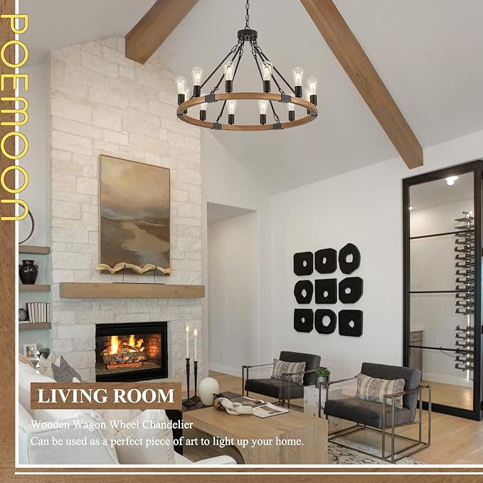 12 Lights Wooden Wagon Wheel Chandeliers Farmhouse 31.5'' Oak Wood Round Chandelier Black Metal Rustic Pendant Light Fixture for Living Dining Room Entryway Foyer Kitchen