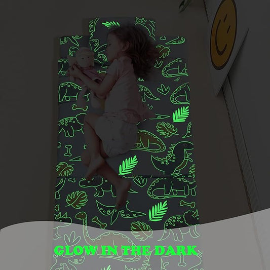 MeMoreCool Glow Dinosaur Tri-fold Sofa Bed for Kids, Foldable Futon Mattress and Chair, Convertible Floor Couch for Playroom