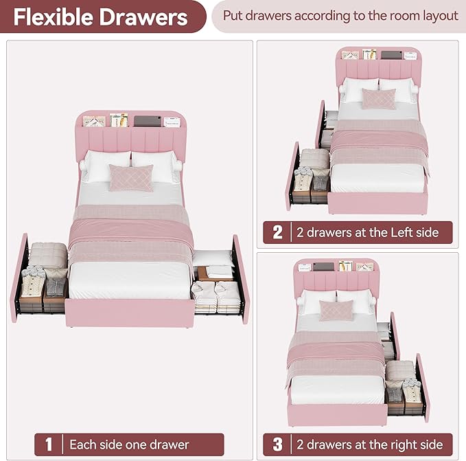IDEALHOUSE Twin Bed Frame for Kids, Boucle Upholstered Platform Bed for Girls with 2 Flexible Drawers, Bookcase Headboard, Noise-Free, Easy Assembly, No Box Spring Needed, Pink