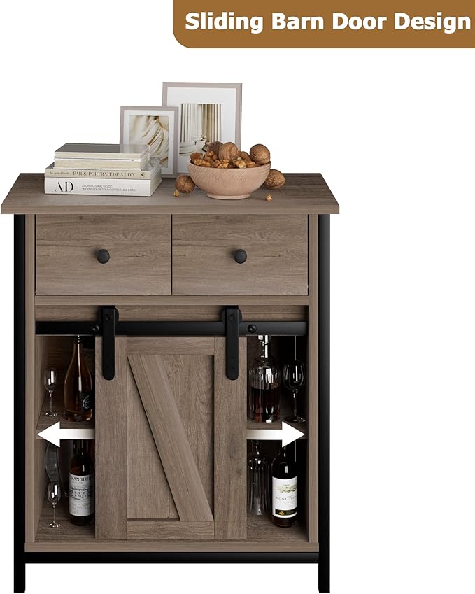 Senfot Coffee Bar Cabinet, Modern Farmhouse Kitchen Buffet Sideboard with 2 Drawers and 2 Shelves, Sliding Barn Door Storage Cabinet for Kitchen, Dining Room, Bathroom, Entryway, Rustic Brown