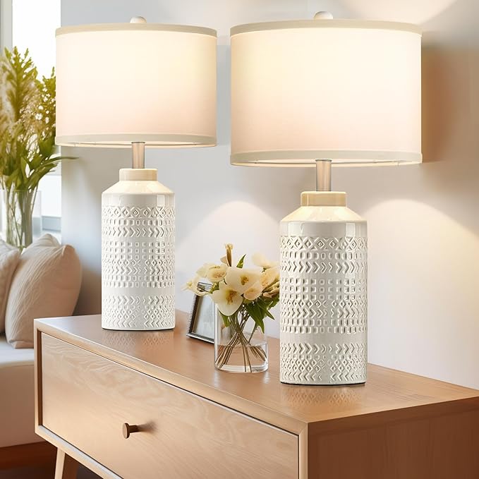 Set of 2 Modern Cream White Ceramic Table Lamps, 23.5" Elegant Farmhouse Bedside Lamps with White Linen Shade, Vintage Nightstand Lamps for Bedroom, Living Room & Entryway (Bulbs Not Included)