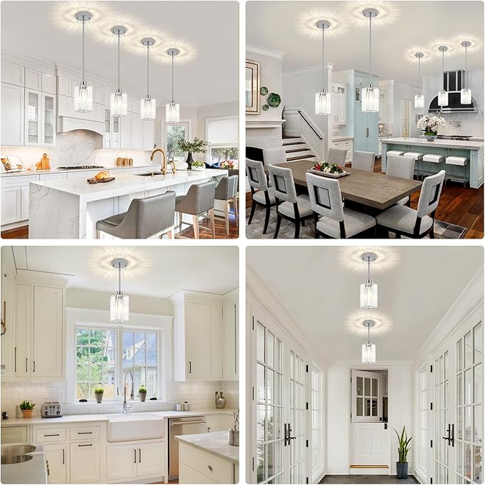 Chrome Pendant Lights,2 Pack Crystal Pendant Lighting for Kitchen Island, Modern Mini Kitchen Chandeliers Hanging Pendant Lights for Bedroom Dining Room Hallway