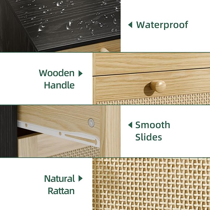3 Drawer Rattan Dresser for Bedroom, Modern Wooden Dresser Chest with Handles for Bedroom, Hallway and Living Room, Black