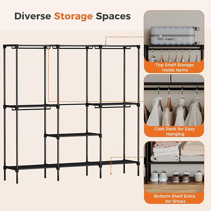 OLIXIS Portable Wardrobe Closet with Hanging Rods, 81 Inch Portable Clothing Rack with Shelves, Heavy Duty Clothes Rack, Freestanding Closet Organizer, 81" L x 15.7" W x 77" H