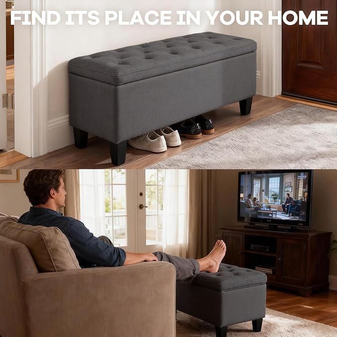 DUMOS Storage Ottoman Bench, Foot Rest with Legs, 16.1 x 40 x 18 Inches, End of Bed Bench, Storage Chest for Living Room,Bedroom, Entryway, Dark Gray