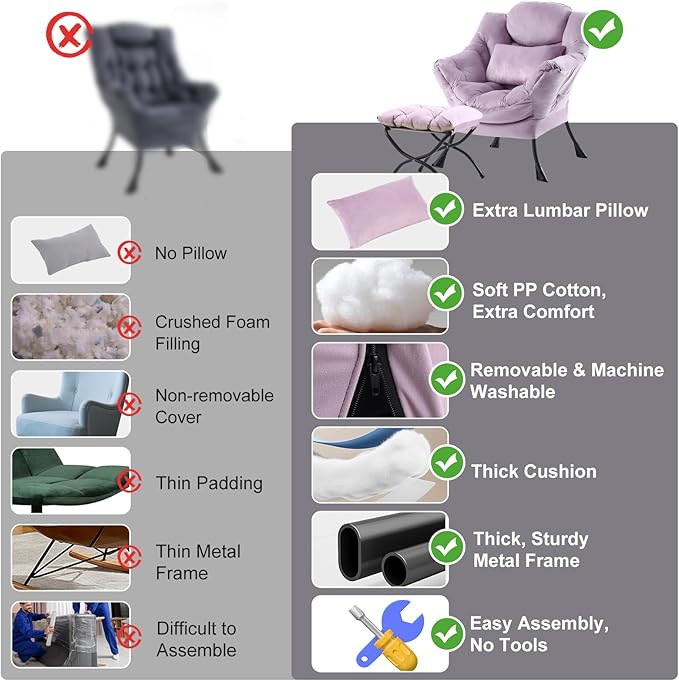 Lazy Chair with Ottoman, Modern Accent Chair with Lumbar Pillow, Velvet Light Purple Sofa, Armchairs with Folding Footrest, Oversized Supportive Chairs for Bedroom, Reading